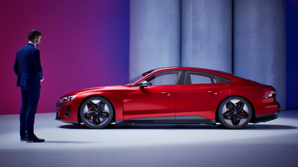 Ein Mann im Anzug steht neben einer roten Sportlimousine in einer modernen, hell beleuchteten Umgebung mit lila und blauen Hintergrundtönen, als würde er für einen automatisch gespeicherten Entwurf posieren.