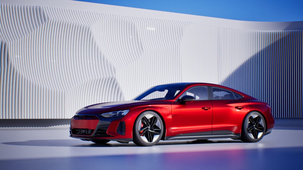 Ein roter Elektro-Sportwagen, geparkt auf einer glatten Oberfläche mit einem modernen weißen, gewellten architektonischen Hintergrund unter einem blauen Himmel, eingefangen in einem atemberaubenden Twinmotion Template.