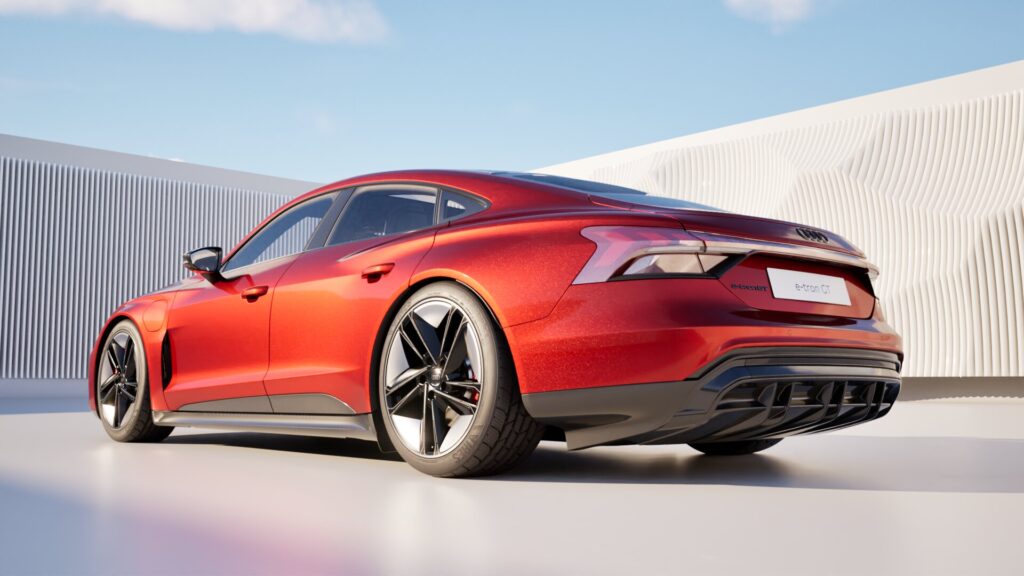 Ein rotes Audi e-tron GT Elektroauto ist auf einer weißen Fläche vor einem modernen, minimalistischen Gebäude mit vertikalen Linien geparkt und zeigt die eleganten Designmöglichkeiten in einem Twinmotion Template.