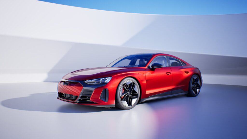 Eine rote Audi Elektro-Sportlimousine ist in einer modernen, minimalistischen Außenumgebung mit glatten weißen Oberflächen und blauem Himmel im Hintergrund geparkt, visualisiert mit einem Twinmotion Template.