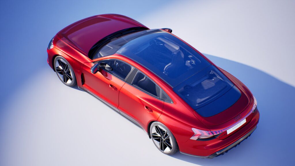 Eine rote viertürige Limousine mit Glasdach und schwarzen Leichtmetallrädern, von oben betrachtet auf hellem Hintergrund, perfekt für die Präsentation in einer Twinmotion-Vorlage.