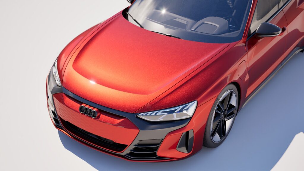 Ein roter Audi-Sportwagen in der Draufsicht, erstellt mit einer neuen Twinmotion-Schablone, zeigt die Motorhaube, die Windschutzscheibe, den Kühlergrill, die Scheinwerfer und einen Teil des Dachs und der Räder.