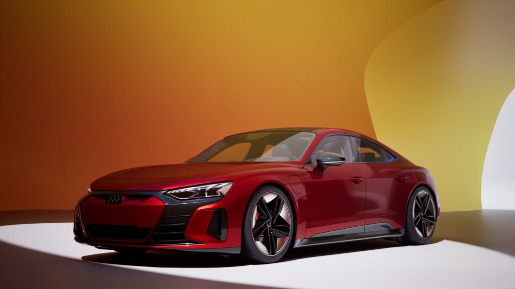 Ein rotes Audi e-tron GT Elektroauto wird in einem hell beleuchteten Studio mit einem gelben und weißen abstrakten Hintergrund gezeigt, visualisiert mit einer Twinmotion-Vorlage für realistische Details.