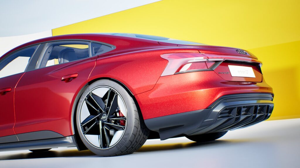 Eine Rückansicht eines roten Audi e-tron GT, modelliert im Twinmotion Template, geparkt vor einem gelb-weißen Hintergrund, der die Rückleuchten und das Hinterrad zeigt.