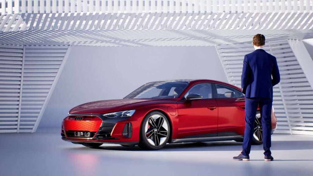 Ein Mann in einem blauen Anzug steht in einem modernen, weißen, geometrischen Raum, der mit einer Twinmotion-Vorlage erstellt wurde, und blickt auf ein rotes Audi-Elektroauto.