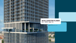 Nahaufnahme eines modernen Hochhauses mit großen Fenstern und Balkonen. Eingeblendeter Text in Deutsch lautet: "Intelligenter planen mit BIM und KI - jetzt Archicad Lizenz mieten und profitieren.