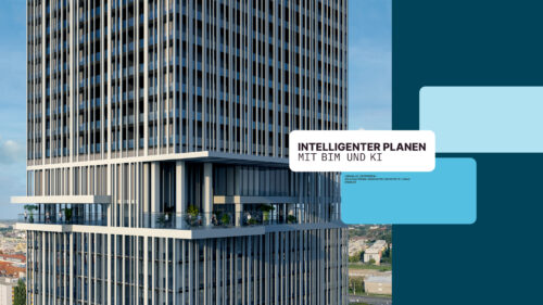 Nahaufnahme eines modernen Hochhauses mit großen Fenstern und Balkonen. Eingeblendeter Text in Deutsch lautet: "Intelligenter planen mit BIM und KI - jetzt Archicad Lizenz mieten und profitieren.
