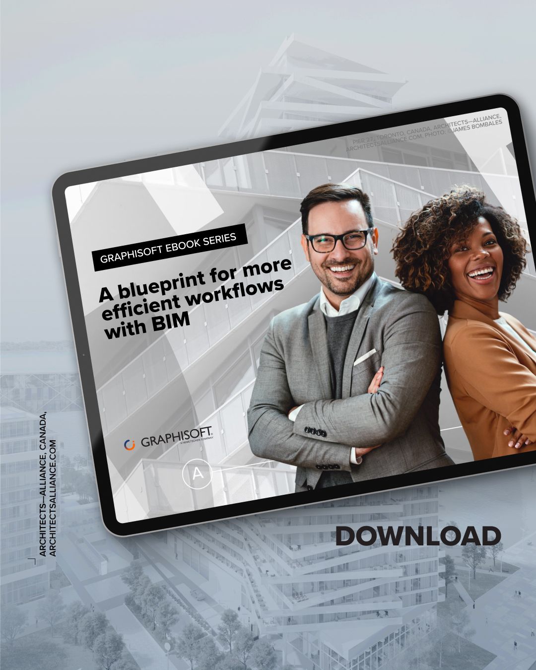 Das Cover des Graphisoft eBooks mit dem Titel "A blueprint for more efficient workflows with BIM" zeigt einen lächelnden Mann und eine lächelnde Frau in Geschäftskleidung, die zeigen, wie man mehr Projekte mit weniger Ressourcen realisieren kann.