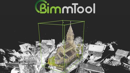 Digitales Rendering einer Kirche mit umliegenden Gebäuden im Punktwolkenstil, unter dem Logo „BimmTool“ auf dunklem Hintergrund.