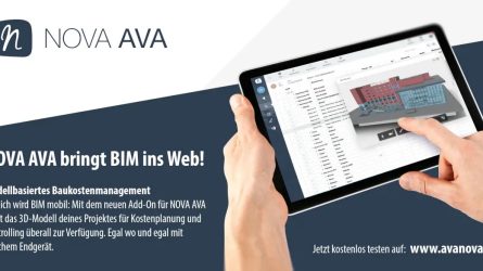 Eine Person, die ein Tablet verwendet, um mit einem 3D-Architekturmodell auf dem Bildschirm zu interagieren, mit Nova Ava-Branding und Werbetext auf Deutsch.