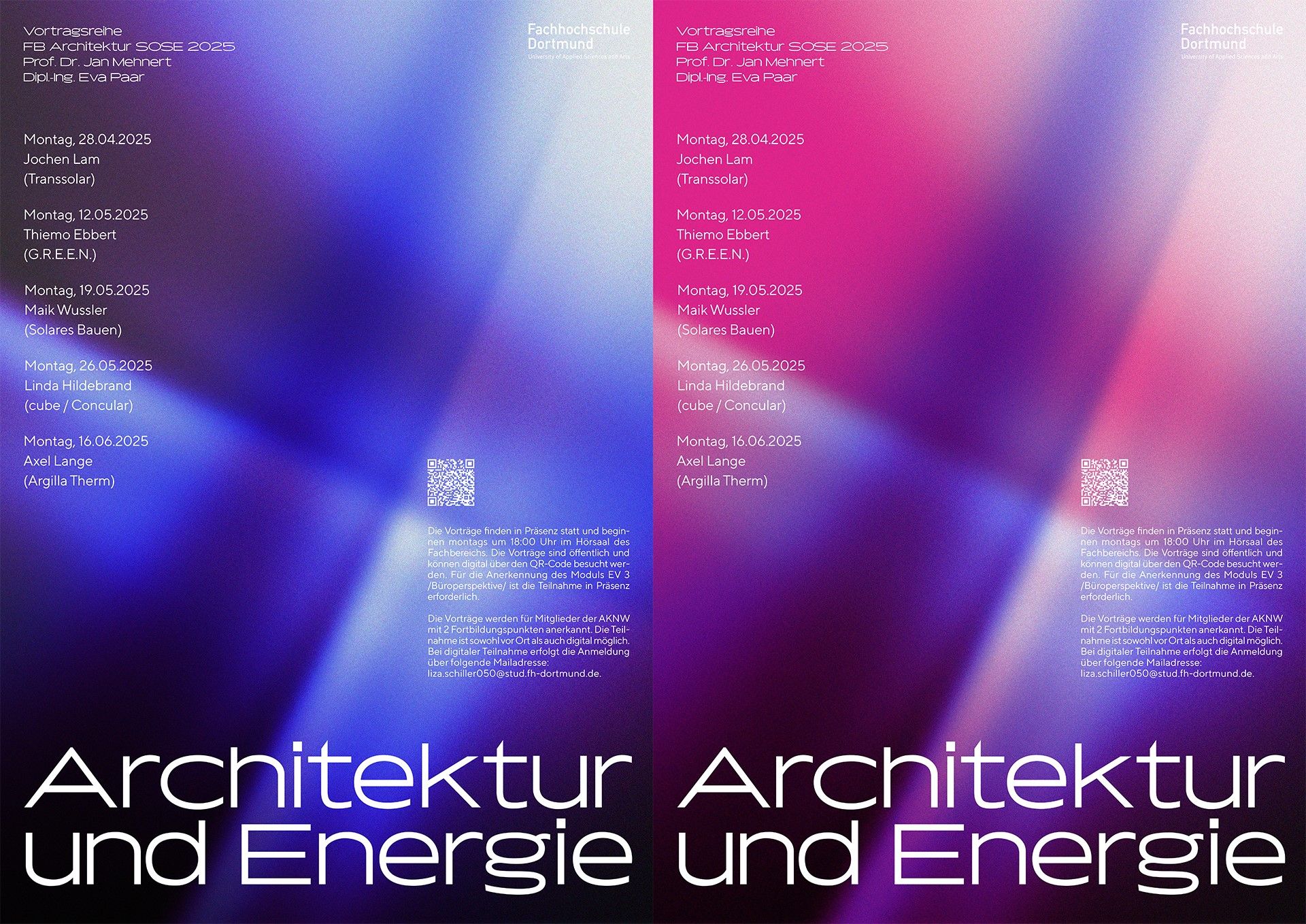 Zwei Poster mit abstrakten blauen und violetten Farbverläufen listen Vorlesungstermine und Referenten für „Architektur und Energie“ an der Fachhochschule Dortmund im Jahr 2025 auf. Das Design besteht aus weißem und rosa Text und ähnelt einem automatisch gespeicherten Entwurf.