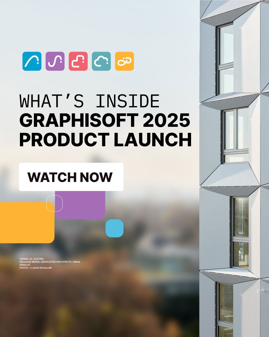 Entdecken Sie die Zukunft mit Neu Graphisoft 2025! Entdecken Sie unsere neueste Produktreihe - sehen Sie jetzt die neuesten Funktionen, stilvolle abstrakte Symbole und eine beeindruckende moderne Gebäudefassade auf der rechten Seite.