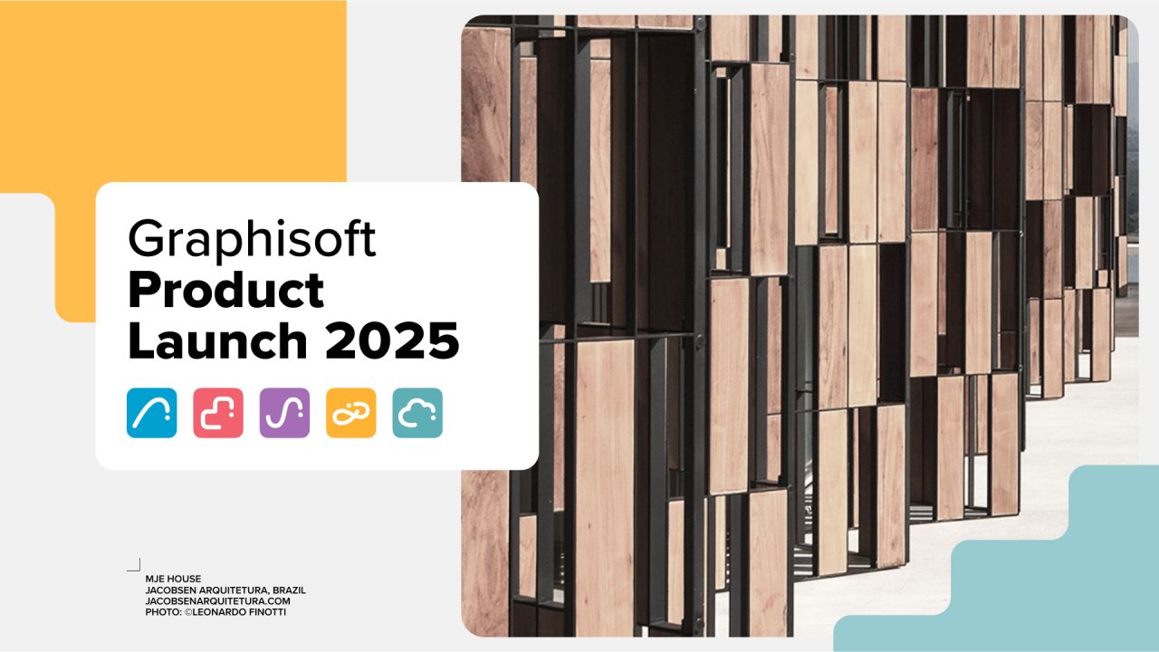 Eine Werbegrafik für die Graphisoft Produkt-Release 2025, die moderne architektonische Paneele und verschiedene App-Icons zeigt.