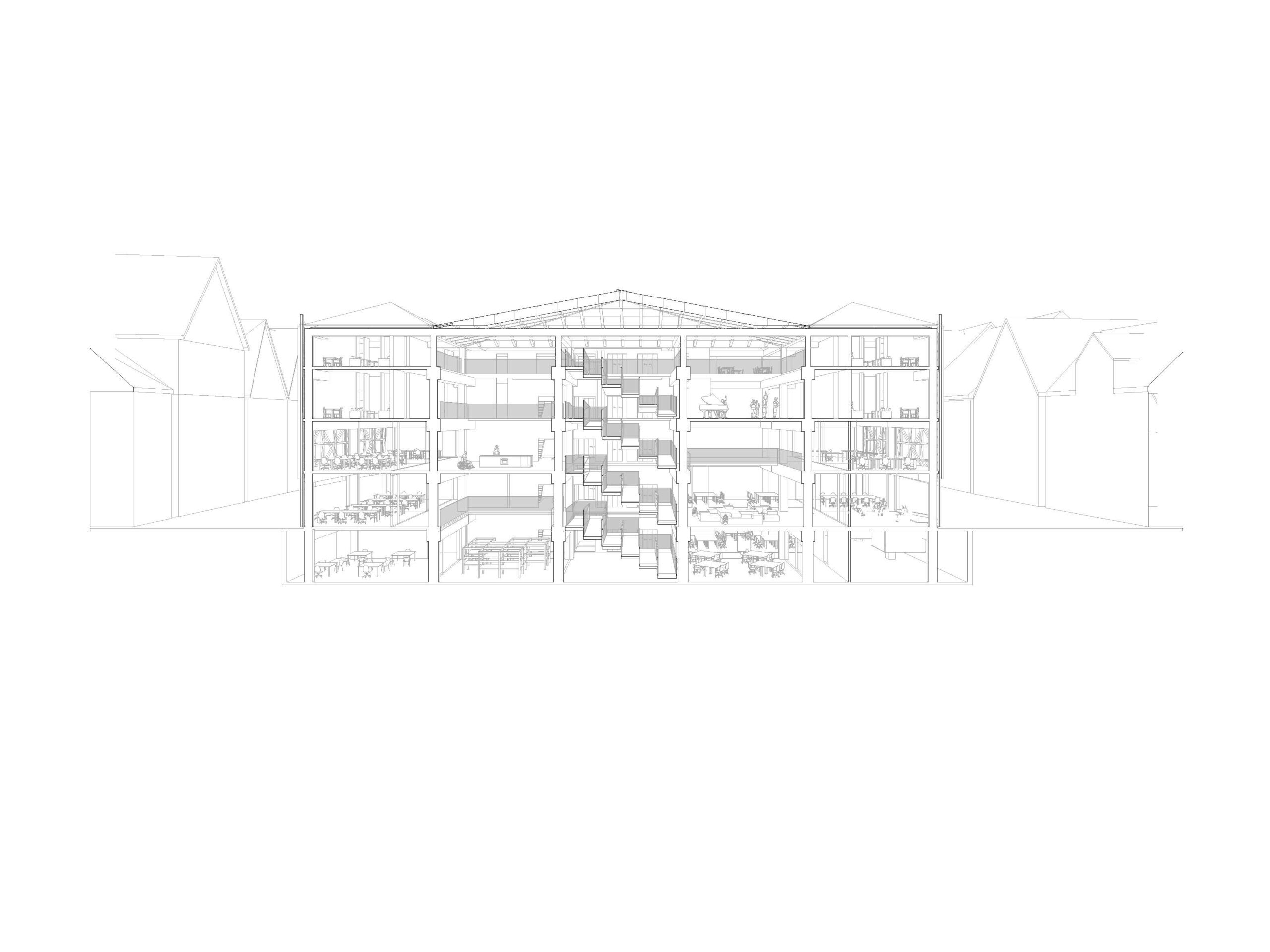 Eine schwarz-weiße architektonische Querschnittszeichnung eines mehrstöckigen Gebäudes, die die innere Aufteilung der verschiedenen Stockwerke mit unterschiedlichen Räumen und Treppenhäusern zeigt.