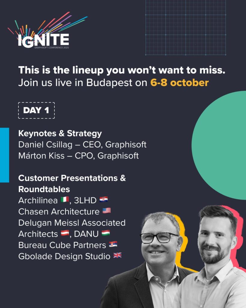 Werbeplakat für die Graphisoft IGNITE Budapest Conference mit einer Auflistung der Redner von Tag 1, darunter Keynotes von Graphisoft-Führungskräften und Referenten aus internationalen Architekturbüros, die alle in der IGNITE-Agenda aufgeführt sind.