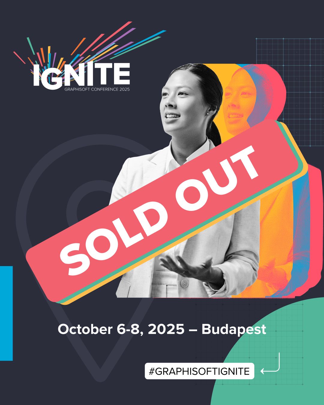 Ein Graustufenfoto einer sprechenden Frau wird von einem fetten "Ausverkauft"-Banner überlagert. Der Text lautet "Graphisoft IGNITE Conference 2025, 6-8 Oktober, Budapest".