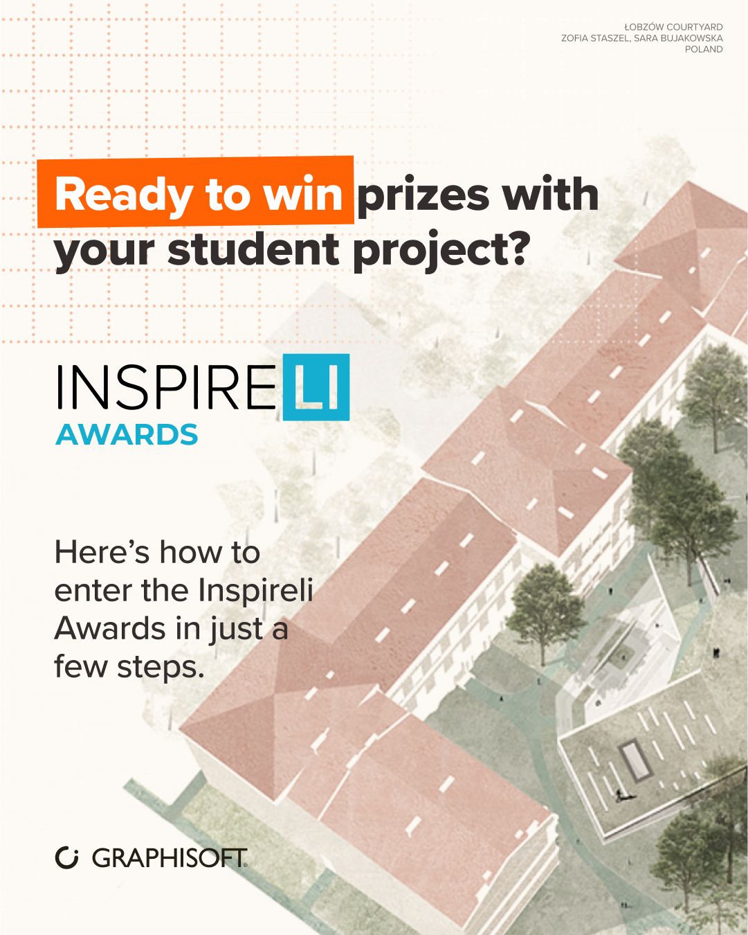 Das Werbeplakat für die Inspireli Awards hebt die Preise für das beste Studentenprojekt und die Einstiegsschritte hervor und zeigt im Hintergrund eine Gebäudeillustration.