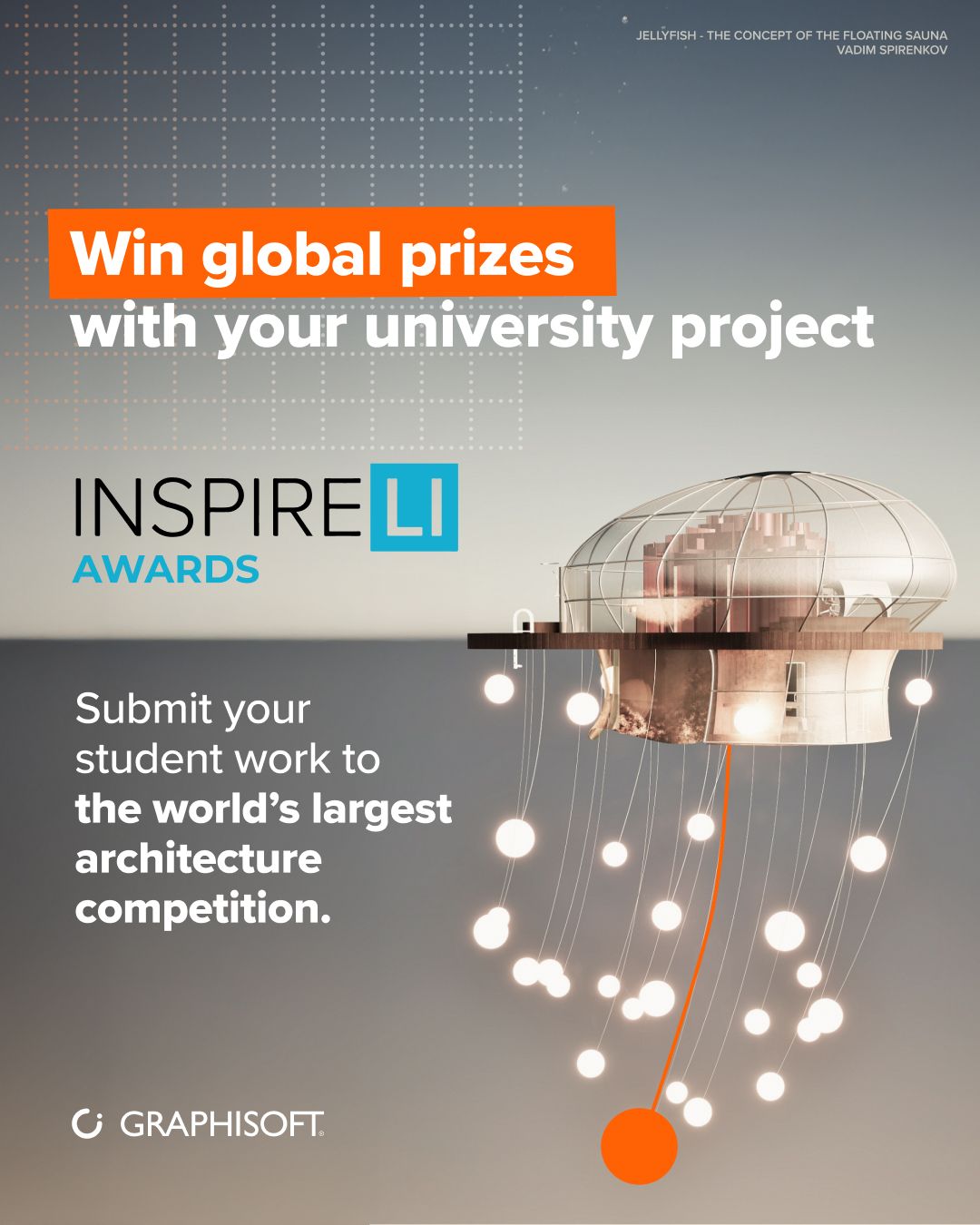 Werbeplakat für die INSPIRELI AWARDS 2025. Universitätsstudenten können Architekturprojekte einreichen und internationale Preise gewinnen. Enthält eine digitale Gebäudedarstellung.