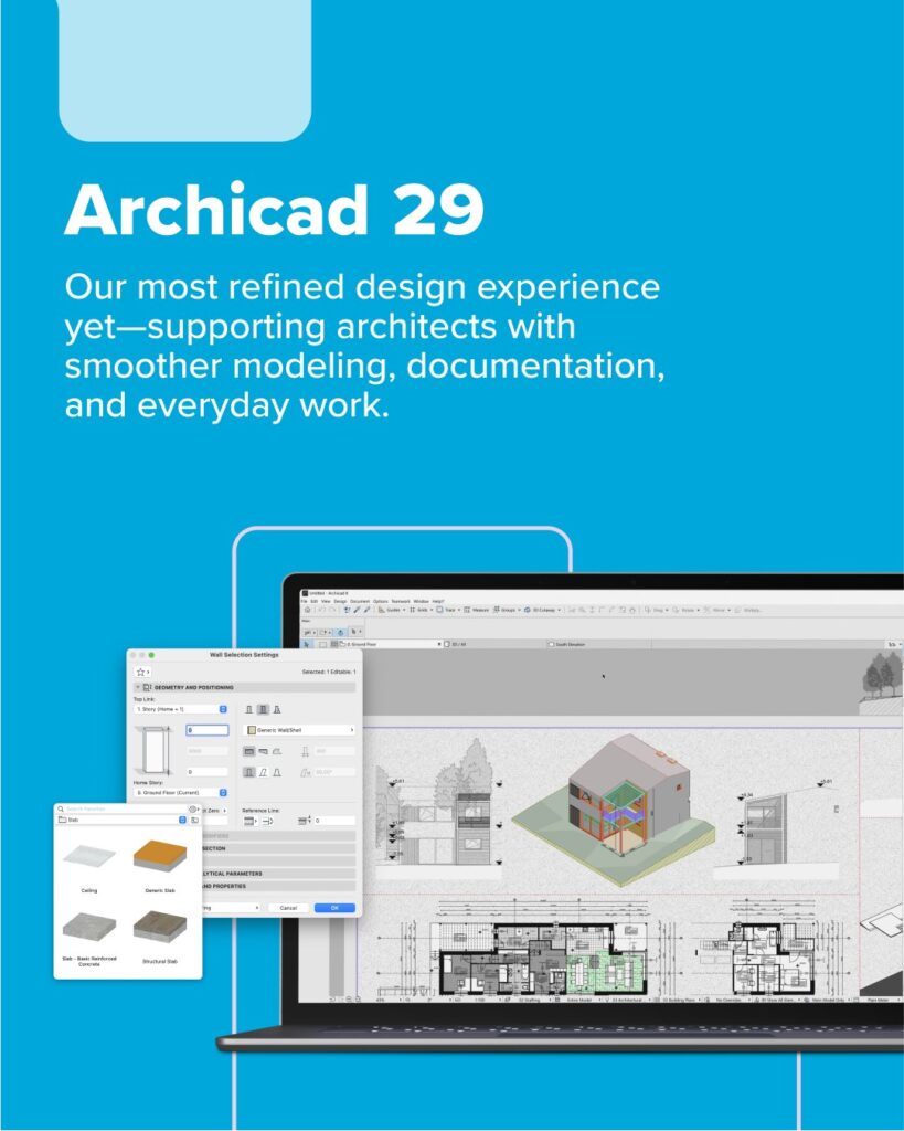Die Benutzeroberfläche von Archicad 29 auf einem Laptop-Bildschirm mit sichtbaren Modellierungs- und Dokumentationsfenstern, die die erweiterten Entwurfsfunktionen für Architekten hervorheben. Entdecken Sie die neueste Graphisoft Produkteinführung und bleiben Sie mit wichtigen Informationen informiert.