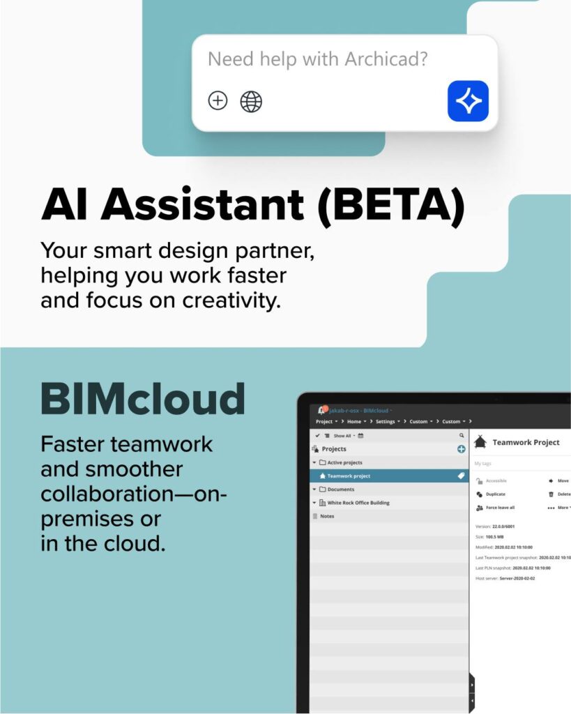 Die Werbegrafik für die Graphisoft Produkteinführung hebt den KI-Assistenten von Archicad (BETA) zur intelligenten Designunterstützung und BIMcloud für verbesserte Teamarbeit und Zusammenarbeit hervor, sowohl vor Ort als auch in der Cloud.