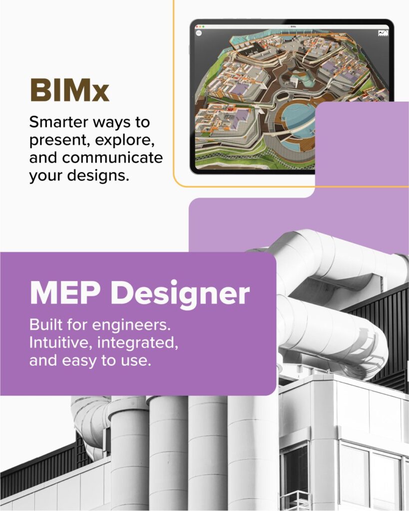 Werbegrafik für die Produkteinführung von BIMx MEP Designer von Graphisoft, die die intuitiven, integrierten Entwurfsfunktionen für Ingenieure mit architektonischen und mechanischen Bildern hervorhebt.