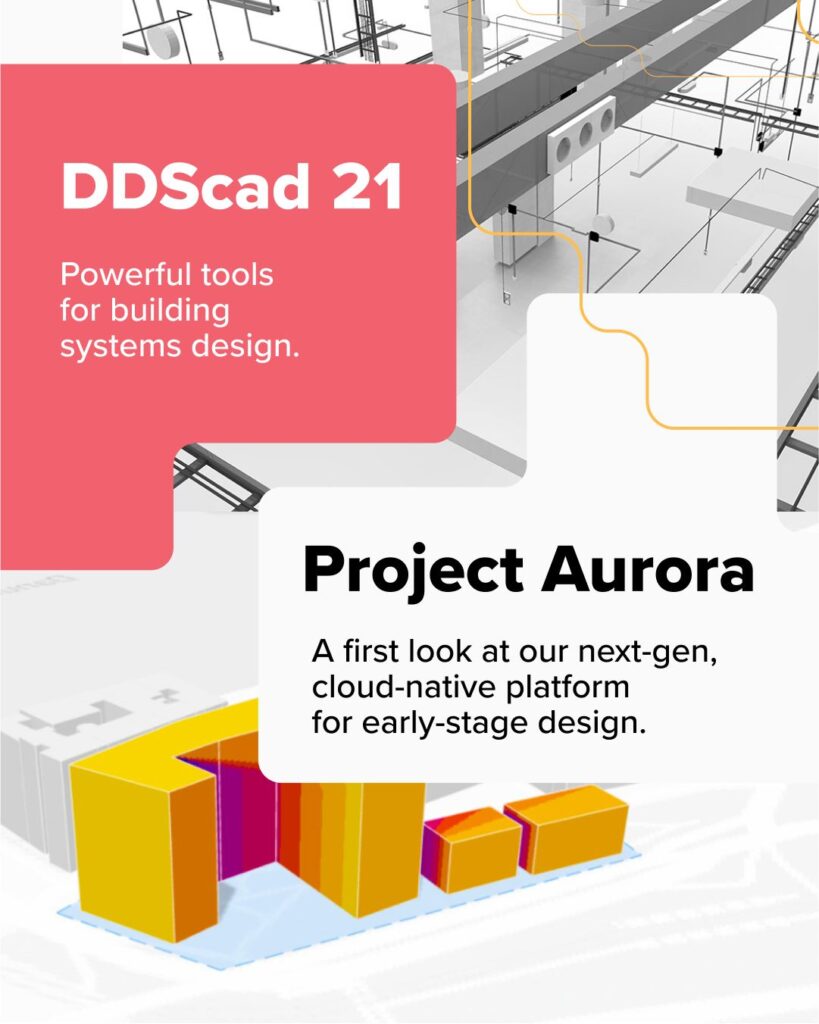 Werbegrafik für die Produkteinführung von DDScad 21 und Project Aurora von Graphisoft, die Cloud-native Tools für die Planung von Gebäudesystemen im Frühstadium mit abstrakten architektonischen Elementen im Hintergrund hervorhebt. Weitere Informationen enthalten.