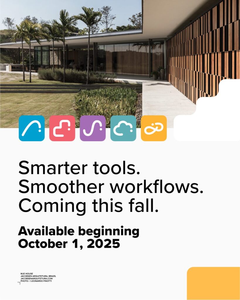 Modernes Gebäude mit Palmen und Rasen; Symbole über dem Text, die für die neuen Tools und Workflows von Graphisoft werben, die mit der Produkteinführung ab 1. Oktober 2025 verfügbar sind.