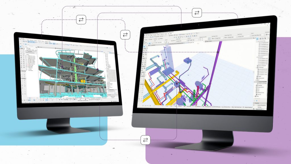 Auf zwei Computermonitoren werden detaillierte 3D-Architektur- und Ingenieursmodelle angezeigt, die das Gebäudedesign und Systemlayouts mit miteinander verbundenen Arbeitsablaufdiagrammen veranschaulichen - perfekte Werkzeuge für jeden MEP-Designer.