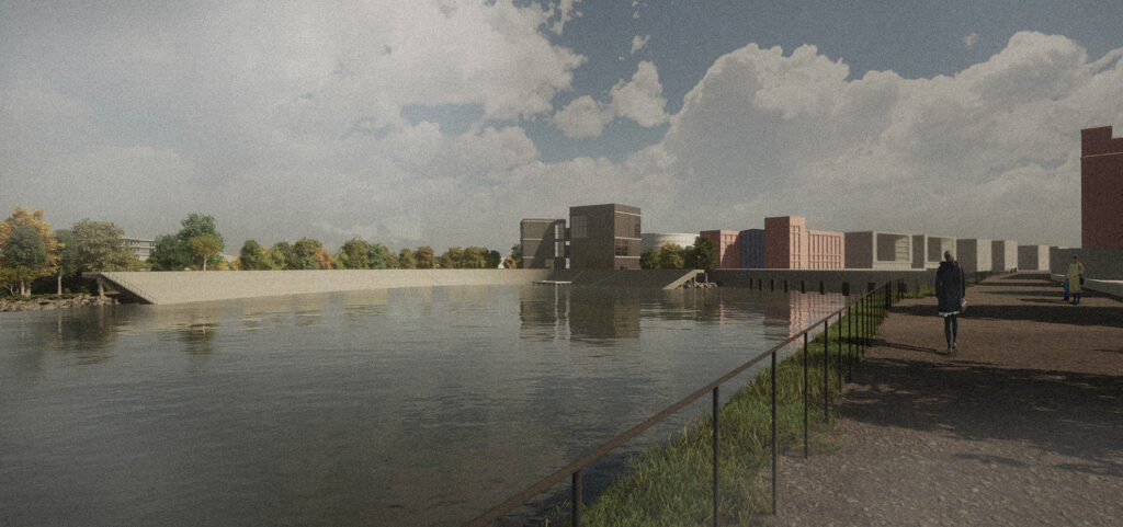 Ein Fluss schlängelt sich durch die Stadtlandschaft, flankiert von modernen Gebäuden und einem wolkenverhangenen Himmel. Ein paar Menschen flanieren am Ufer in der Nähe des Hafentheaters Duisburg entlang, während Bäume auf der einen Seite das Wasser säumen.