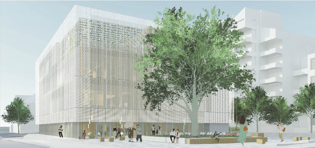 Ein modernes, mehrstöckiges Gebäude - in Anlehnung an die Bibliothek am Schauspielhaus Bochum - mit einem netzartigen Äußeren, entworfen mit Archicad, umgeben von Bäumen und Menschen, die einen begrünten städtischen Platz genießen.