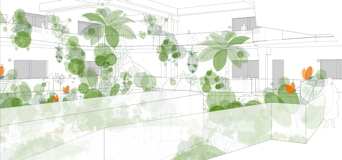 Abbildung eines modernen Atriums mit Pflanzen und Grünpflanzen entlang der Gehwege und Balkone, erstellt in Archicad, mit Menschensilhouetten und orangefarbenen Blumen, die der üppigen Umgebung Farbe verleihen. Perfekte Inspiration für ein Modeling Monday-Projekt!