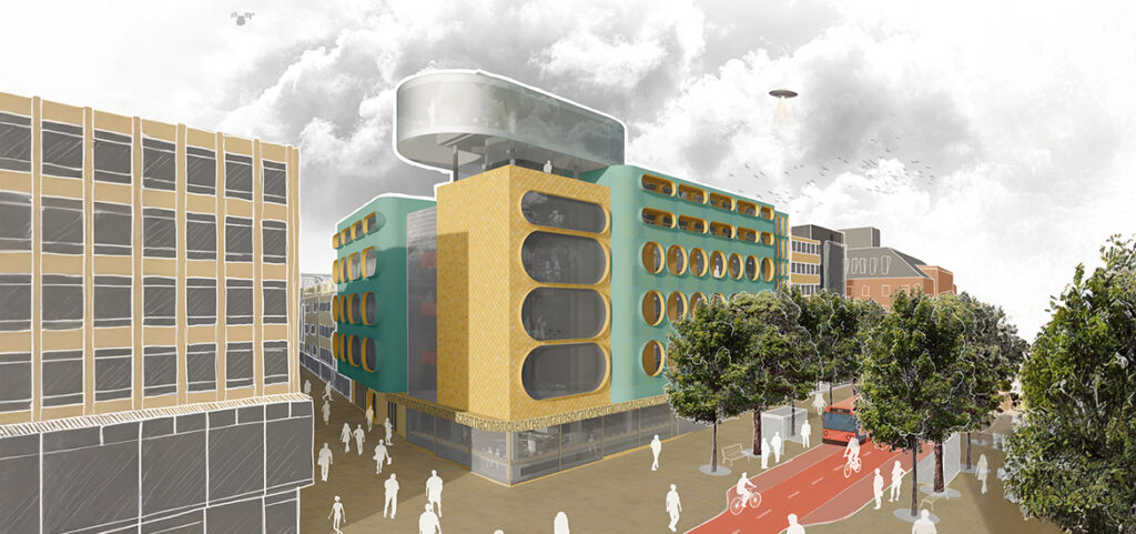 Ein modernes Gebäude mit runden Fenstern und einer geschwungenen Dachkonstruktion, das die Kaufhaus-Transformation verkörpert, steht an einer Stadtstraße mit Bäumen, Fußgängern und Radfahrern unter einem bewölkten Himmel.