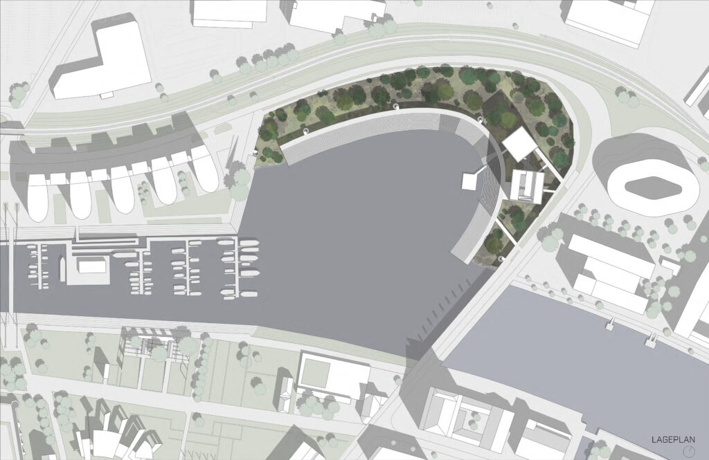 Architektonischer Lageplan mit einem Yachthafen voller Boote, umgeben von üppigen Grünflächen und verschlungenen Wegen, vor der Kulisse der umliegenden Gebäude. Entworfen mit Archicad, beinhaltet er das ikonische Hafentheater Duisburg nach Sebastian Bendszus‘ Vision.