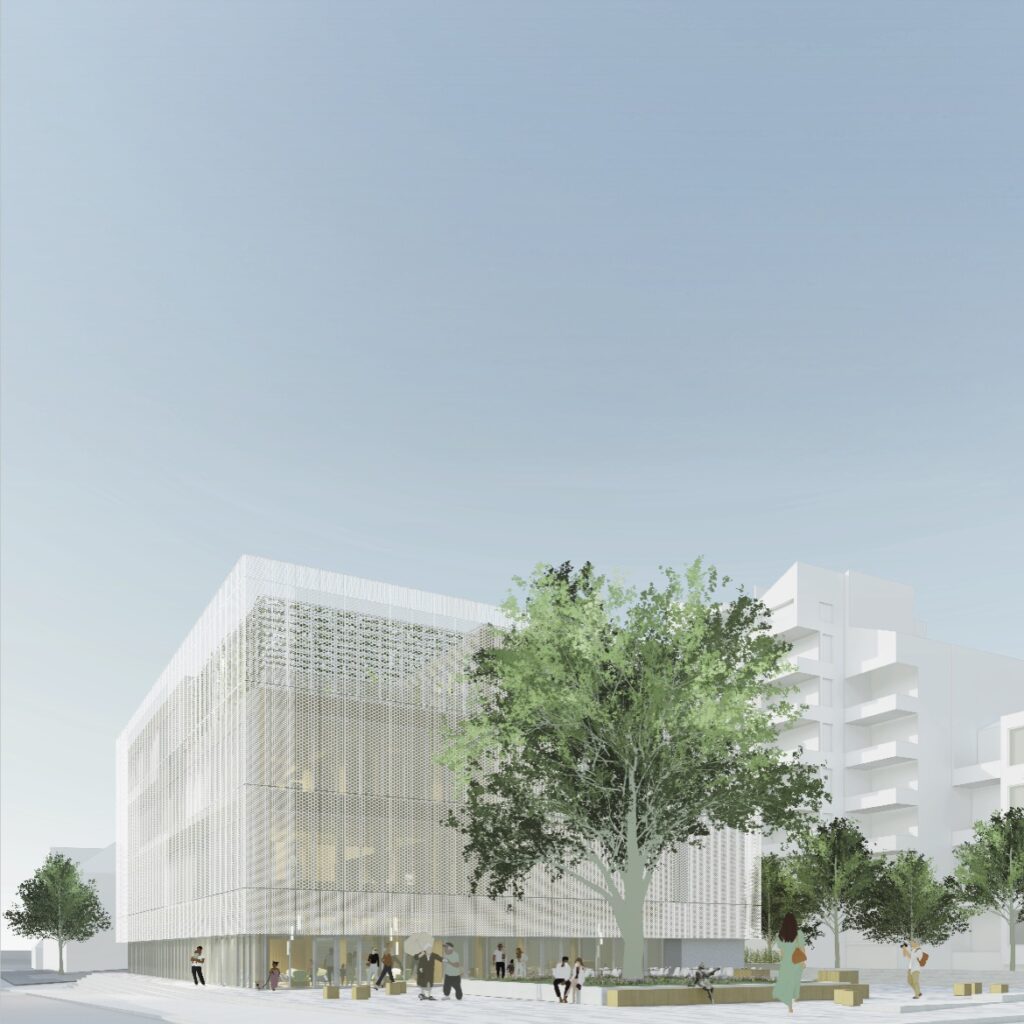 Ein modernes, kubisches Gebäude mit einer perforierten Fassade, das an die Bibliothek am Schauspielhaus Bochum erinnert, steht in der Nähe von Bäumen und Menschen unter einem klaren Himmel; im Hintergrund sind Wohnhäuser zu sehen.