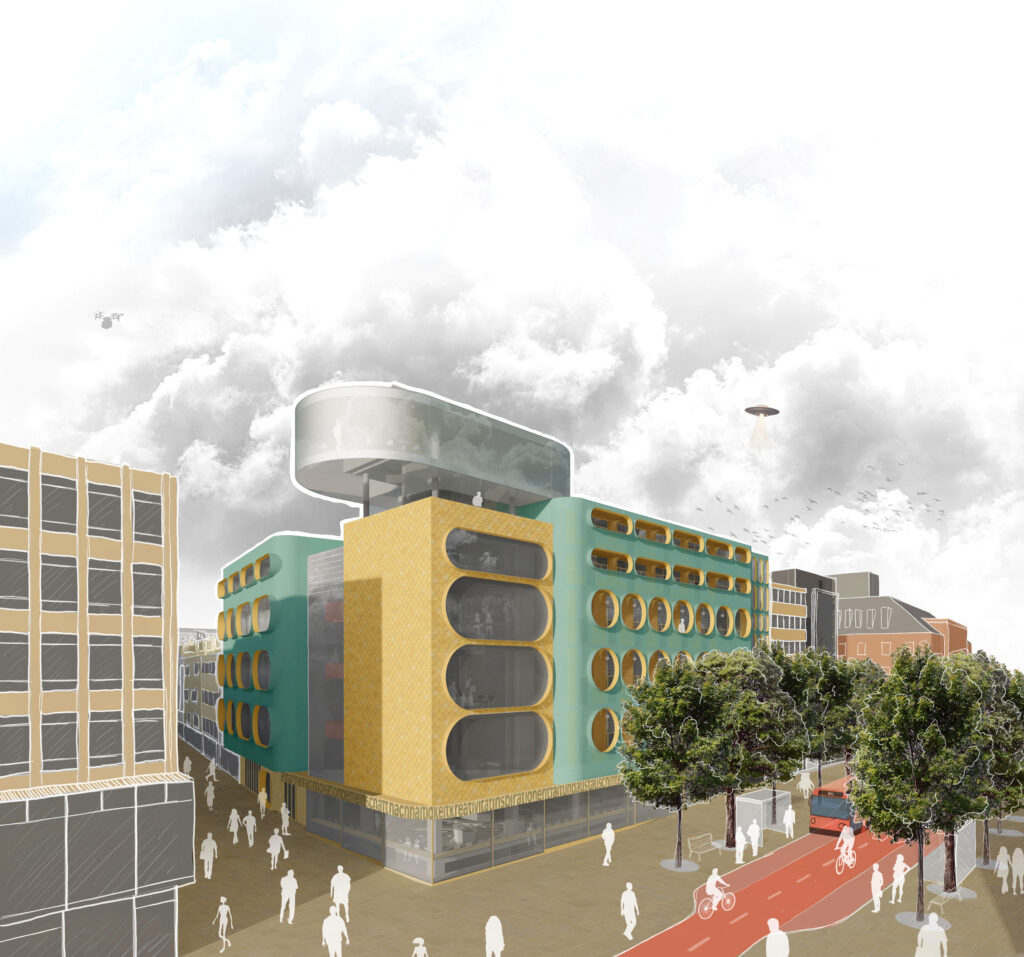 Ein modernes Soziotop mit gelber und grüner Fassade, großen runden Fenstern und einer erhöhten Glaskonstruktion auf der Spitze, umgeben von Fußgängern, Bäumen und einem roten Fahrradweg.