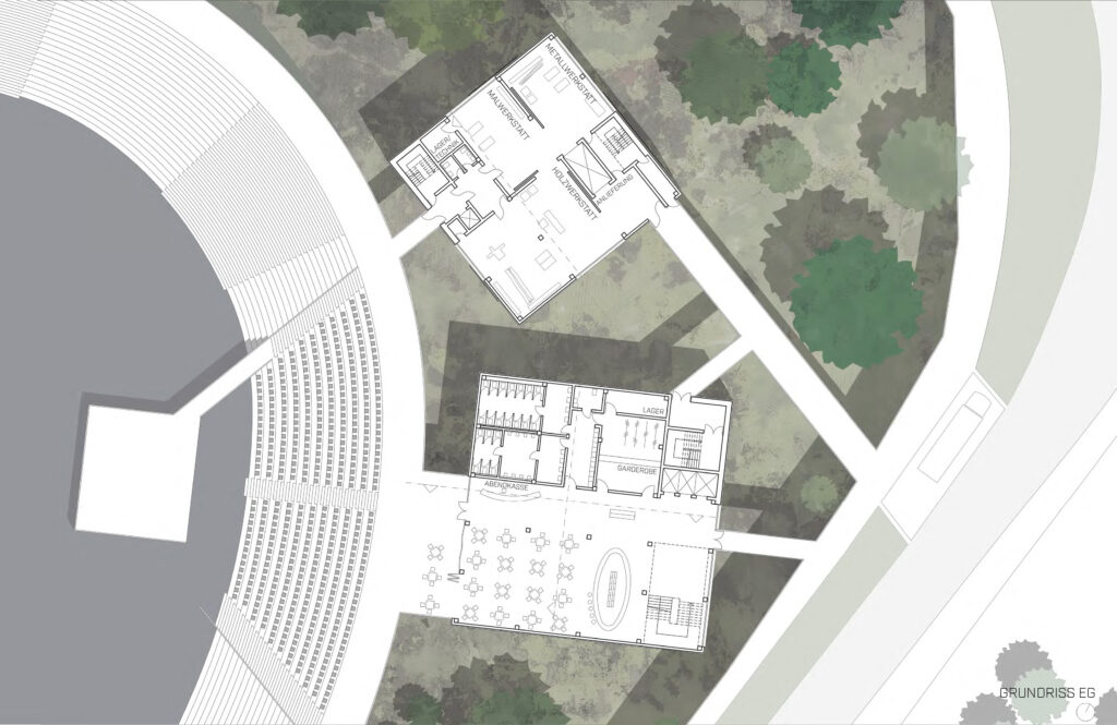 Architektonischer Lageplan mit zwei verbundenen Gebäuden in der Nähe eines großen, kreisförmigen Gebäudes, das möglicherweise an das Hafentheater Duisburg erinnert und von Bäumen umgeben ist. Wege verbinden die Gebäude mit dem Hauptgebäude und wurden präzise mit Archicad-Techniken entworfen.