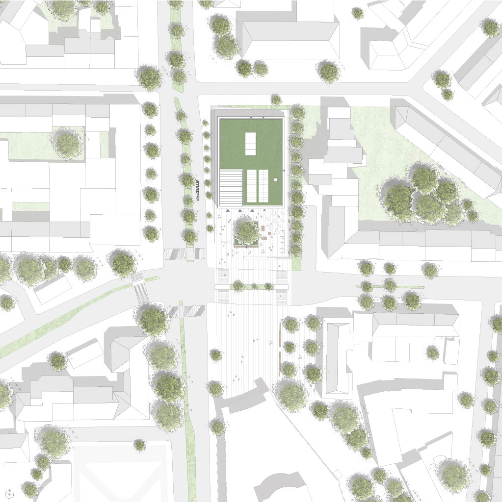 Der mit Archicad erstellte architektonische Lageplan zeigt eine zentrale rechteckige Grünfläche mit angrenzenden Gebäuden, Wegen und verstreuten Bäumen in der Umgebung der Bibliothek am Schauspielhaus Bochum.