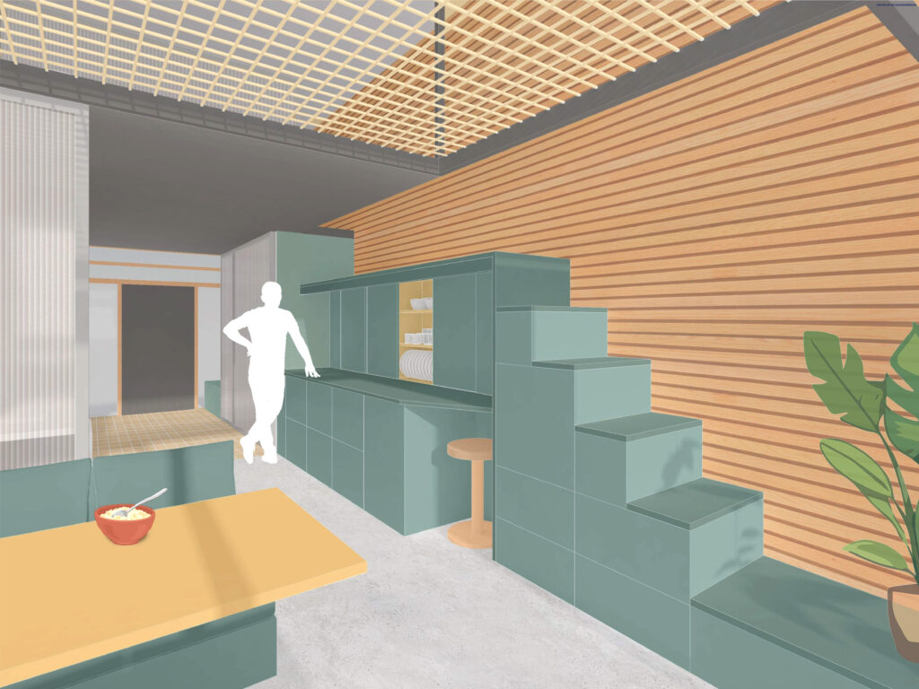 Eine moderne Küche mit tealfarbenen Schränken, Holzlattenwänden, einer Treppe und einer Zimmerpflanze zeigt den Lebensraum von morgen. Eine Person steht in der Nähe von Regalen, während eine Schale auf dem gelben Tisch im Vordergrund steht.