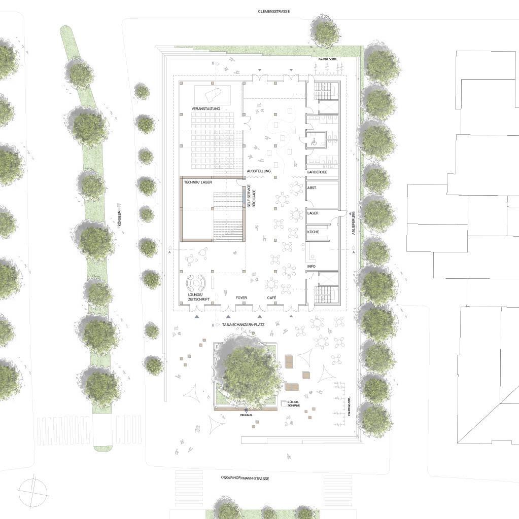 In Archicad erstellter architektonischer Lageplan der Bibliothek am Schauspielhaus Bochum, der ein rechteckiges Gebäude mit beschrifteten Räumen zeigt, umgeben von Bäumen, Wegen und Außenflächen im Erdgeschoss.