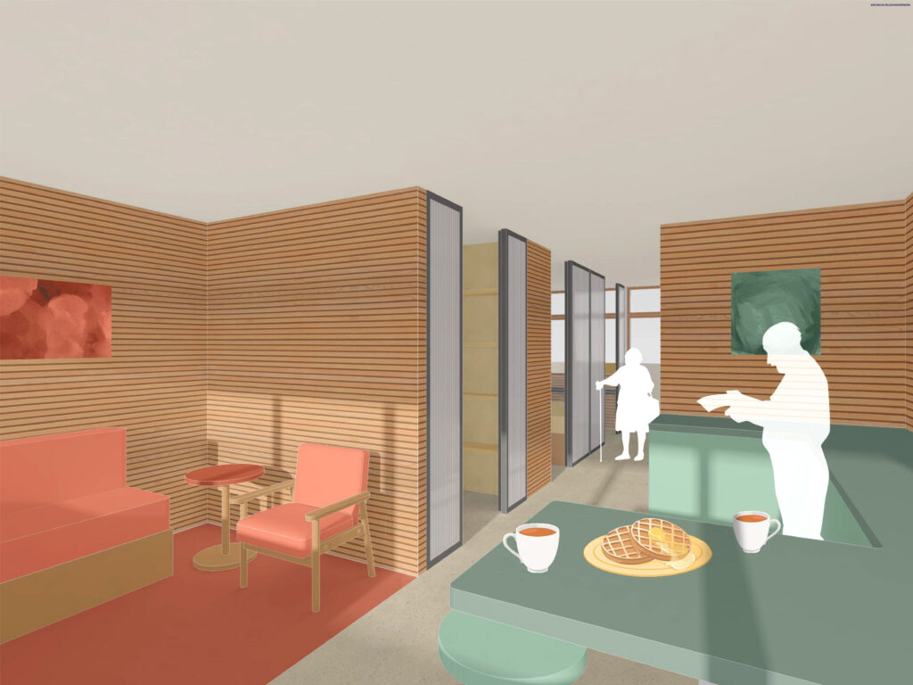 Rendering eines modernen Wohnraums mit holzvertäfelten Wänden, Sitzecke, zwei Figuren und einer Theke mit Kaffee und Waffeln im Vordergrund - Visualisierung des Soziotop-Konzepts mit Archicad für Transformation Kaufhaus.