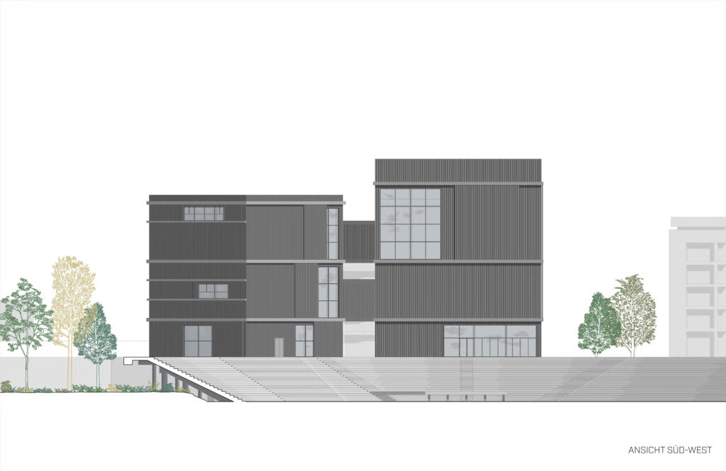 Eine architektonische Ansicht des Hafentheaters Duisburg zeigt ein elegantes, modernes mehrstöckiges Gebäude mit großen Fenstern und einer Außentreppe. Das von Sebastian Bendszus mit Archicad entworfene Gebäude steht inmitten vereinfachter Baumdarstellungen.