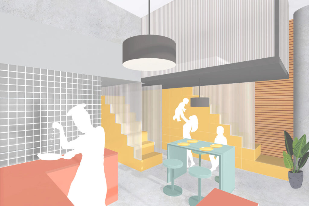 Minimalistisches Interieur von Soziotop mit Silhouetten von Menschen, die in der Nähe einer Treppe kochen, essen und interagieren; mit gerasterten Wandfliesen, gelben Akzenten, modernen Möbeln und einer Topfpflanze - erstellt mit Archicad.