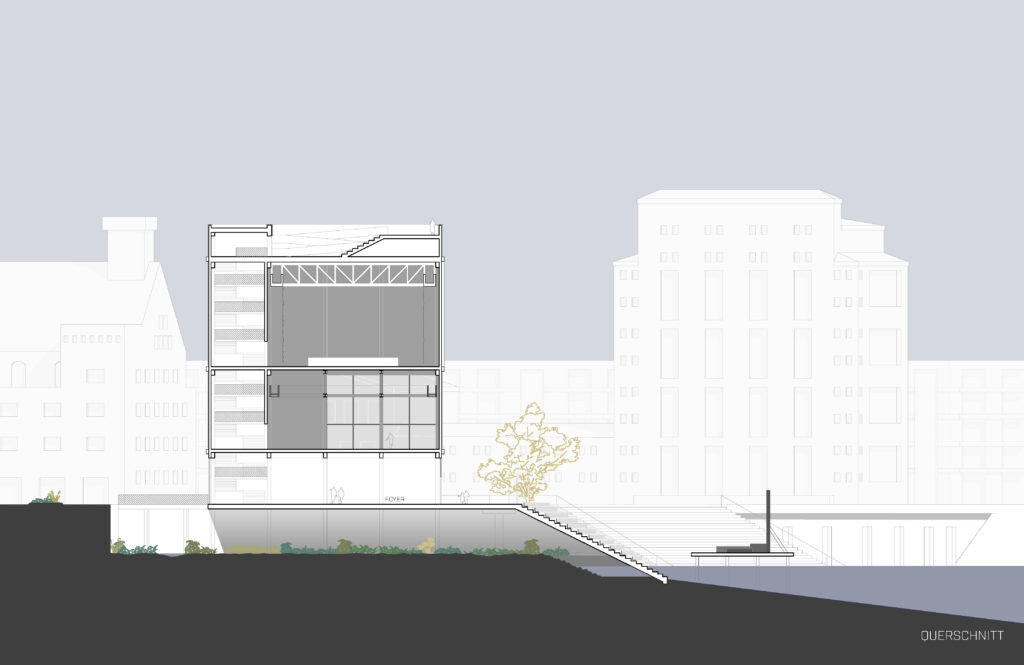 Ein architektonischer Querschnitt eines mehrstöckigen Gebäudes, gerendert in Archicad, zeigt präzise die Innenaufteilung und die äußere Umgebung. Unten rechts ist „Querschnitt“ beschriftet und fängt die Designessenz von Projekten wie dem Hafentheater Duisburg ein.