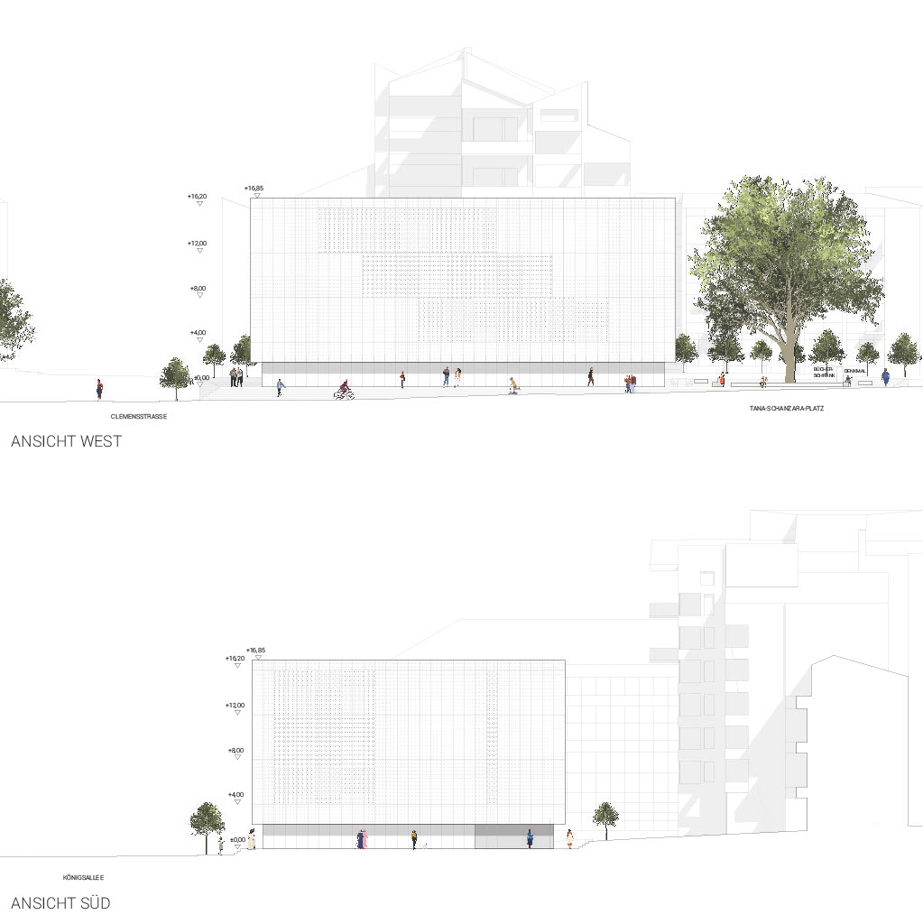 Architektonische Ansichtszeichnungen eines modernen rechteckigen Gebäudes, dargestellt aus westlicher und südlicher Perspektive, mit Bäumen, Menschen und minimalen Außendetails - erstellt in Archicad für die Bibliothek am Schauspielhaus Bochum am Modeling Monday.