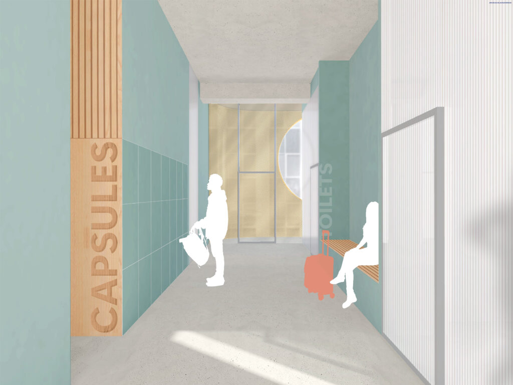 Ein moderner Flur mit tealfarbenen Wänden, der mit Archicad entworfen wurde, ist mit Schildern für Kapseln und Toiletten versehen; zwei Silhouetten - eine mit Gepäck stehend, die andere sitzend mit einem Koffer - sind zu sehen.