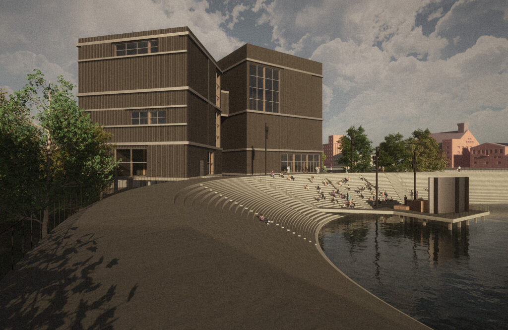 Das moderne, mehrstöckige Hafentheater Duisburg thront stolz am Wasser. Die von Archicad entworfenen Tribünen führen zum Wasser. Unter einem bewölkten Himmel tummeln sich Menschen auf den Stufen, während Bäume und andere Gebäude dieses von Sebastian Bendszus inspirierte Werk einrahmen.