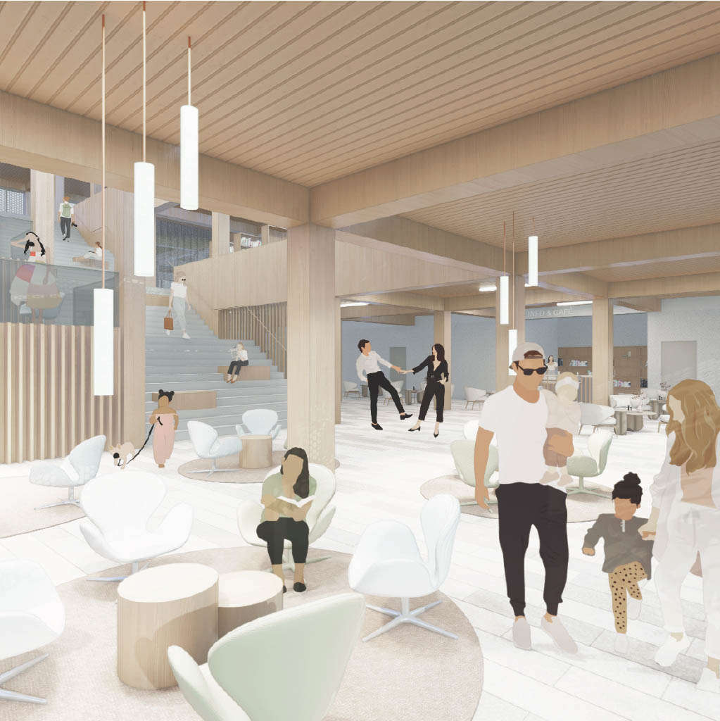 Rendering einer modernen, offen gestalteten Lobby mit hellen Holzakzenten, Loungesitzmöbeln, Pendelleuchten und Menschen, die sich im Raum bewegen, entworfen in Archicad.