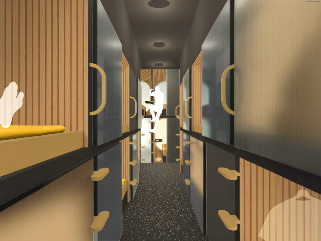 Ein schmaler Flur mit Etagenbetten auf beiden Seiten, Handläufen und Silhouetten von Menschen, die in einem modernen, holzgetäfelten Innenraum auf Leitern klettern, zeigt eine Lebensraumumwandlung, die an ein zeitgenössisches Kaufhausdesign erinnert.