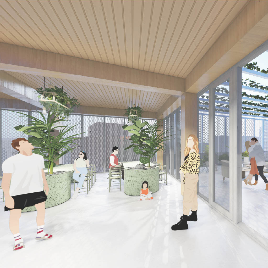 Ein moderner Innenraum mit großen Fenstern, Topfpflanzen und mehreren Personen, die in legerer Kleidung sitzen oder stehen. Natürliches Licht füllt den Raum in der Bibliothek am Schauspielhaus Bochum.