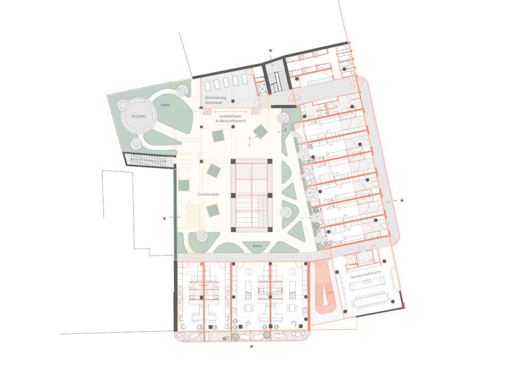 In Archicad erstellter architektonischer Grundriss mit zentralem Innenhof, umliegenden Räumen, Büros und Grünflächen im Freien. Zu den beschrifteten Bereichen gehören Fitnessraum, Küche und Klassenzimmer - ideal für ein Soziotop- oder Kaufhaus-Transformationsprojekt.